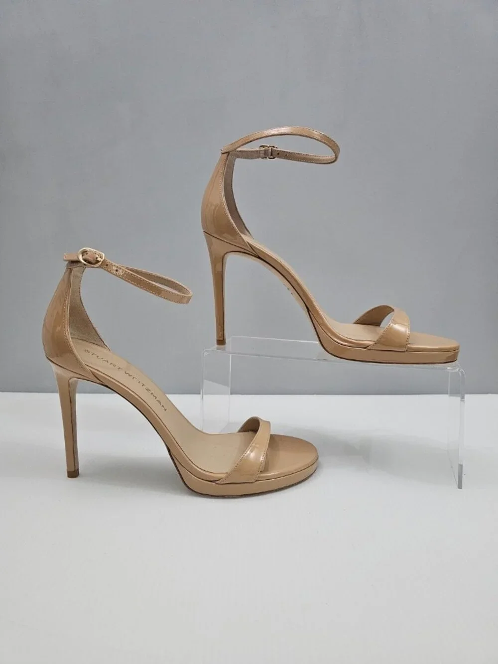 Stuart Weitzman Nudist Platform Heel Sandal Womens 9 Adobe Tan Patent Leather